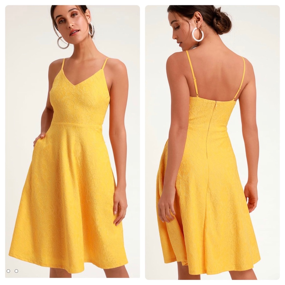 Delightful Day Yellow Lace Midi Skater Dress